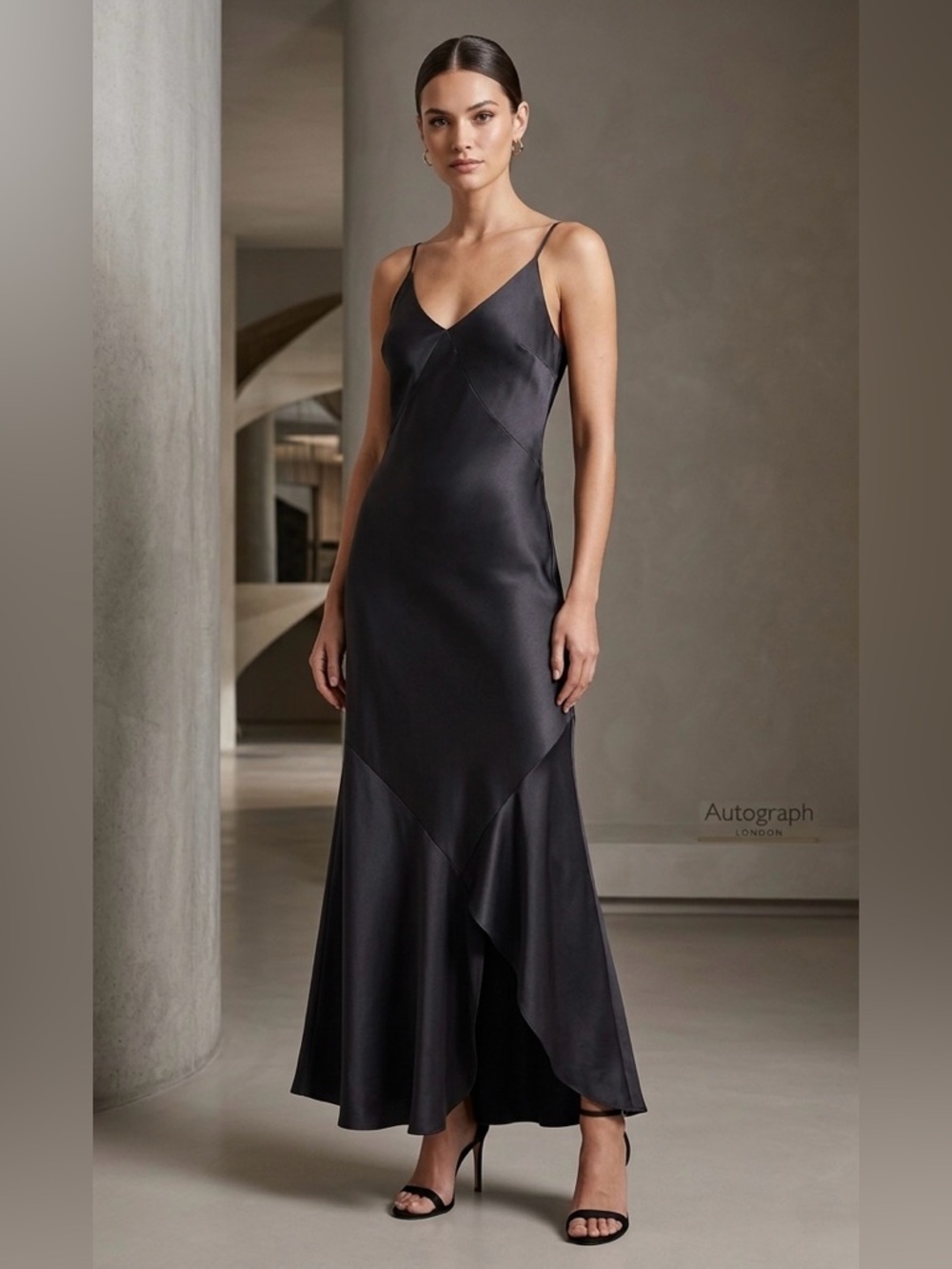 Autograph London Black Satin Slip Maxi Dress | Asymmetric Seam Detail